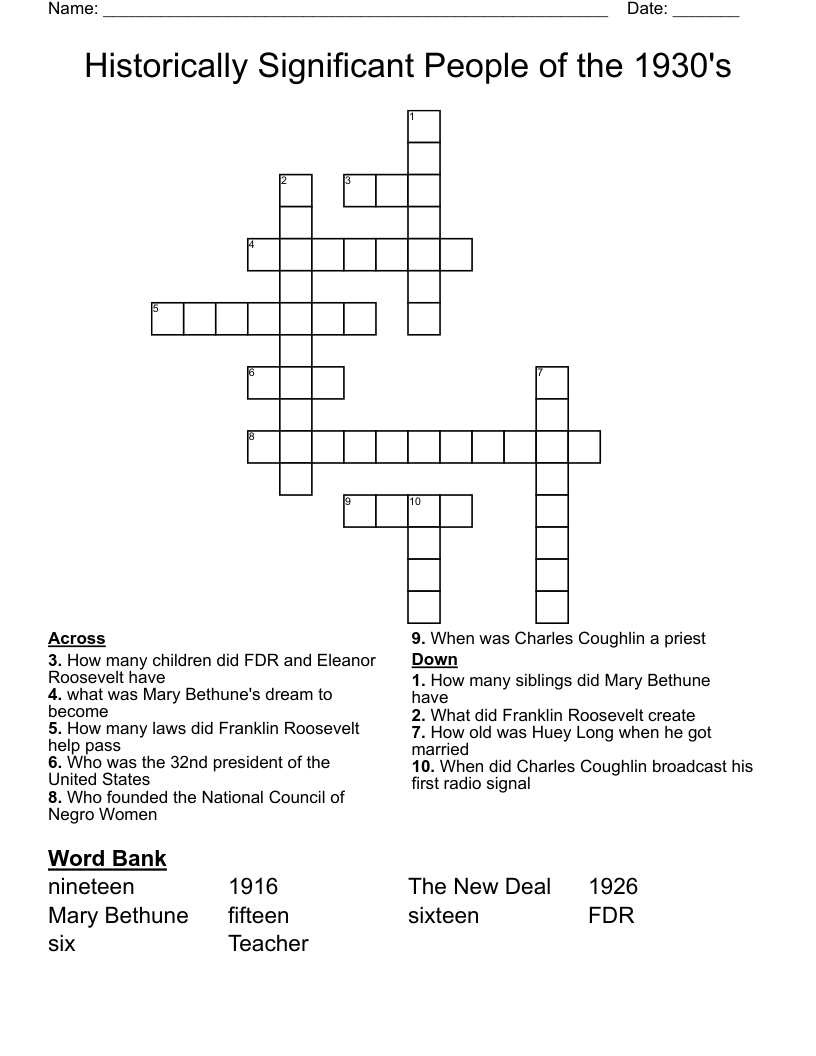 Historically Significant People of the 1930's Crossword