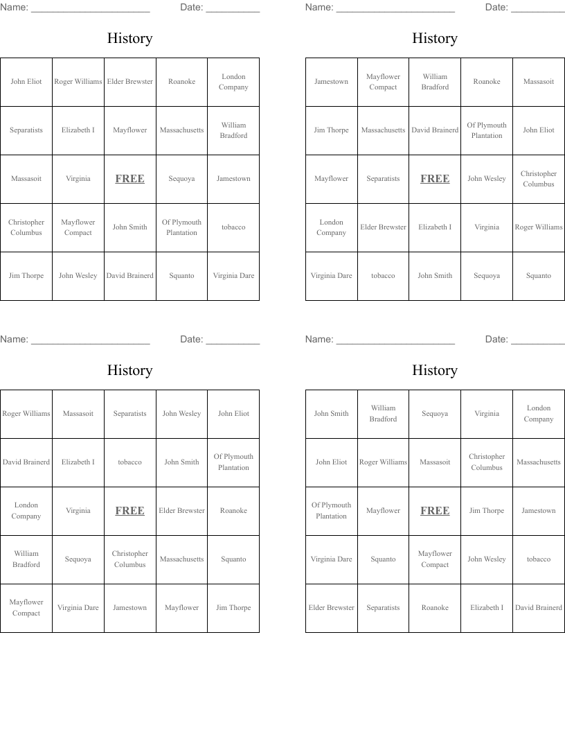 History Bingo Cards
