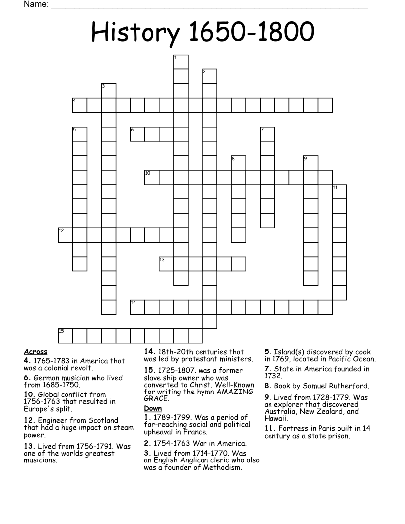 History 1650-1800 Crossword