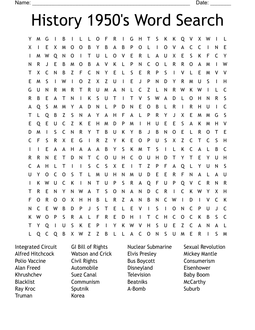 History 1950's Word Search