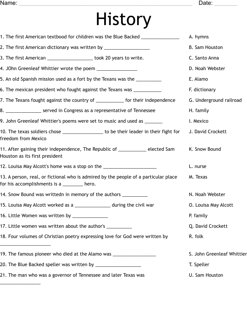 History Worksheet