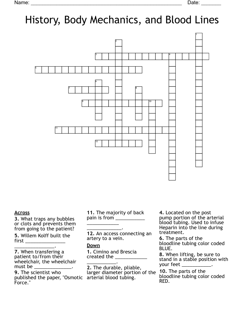 History, Body Mechanics, and Blood Lines Crossword