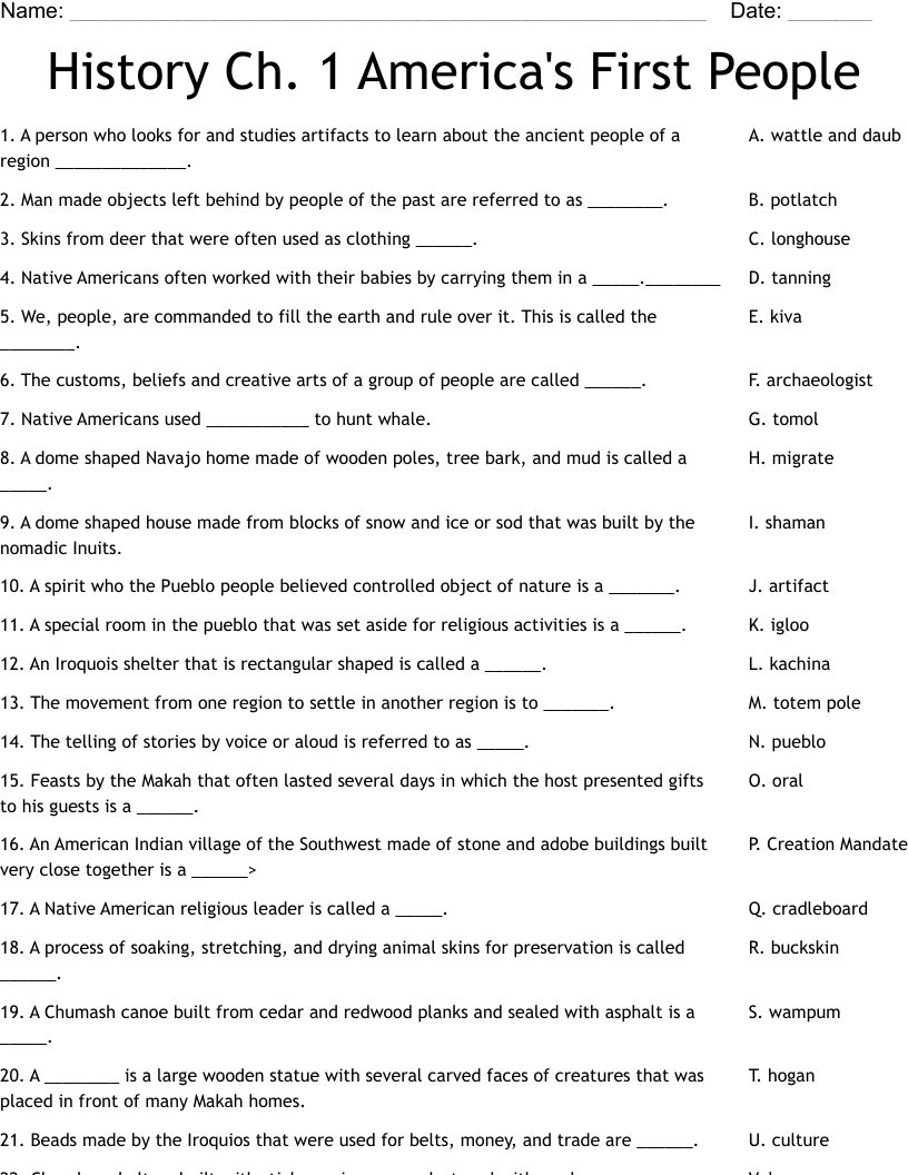 History Ch. 1 America's First People Worksheet