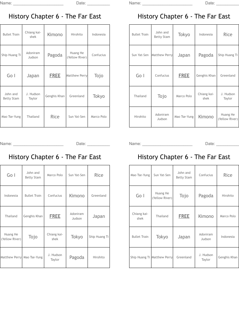 History Chapter 6 - The Far East Bingo Cards
