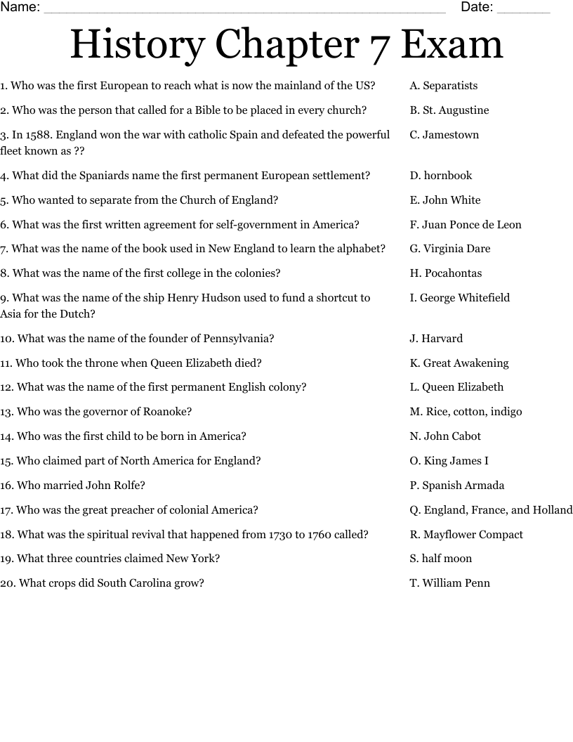 History Chapter 7 Exam  Worksheet