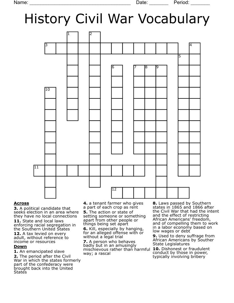 History Civil War Vocabulary Crossword