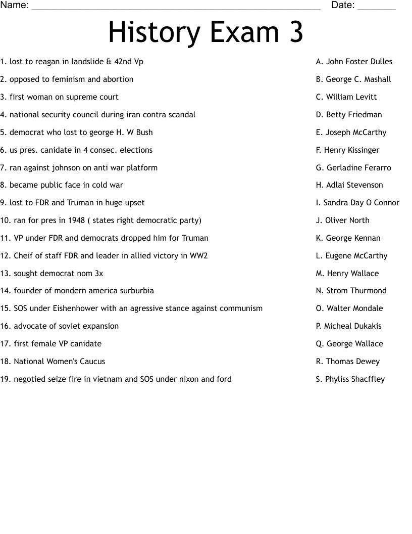 History Exam 3 Worksheet