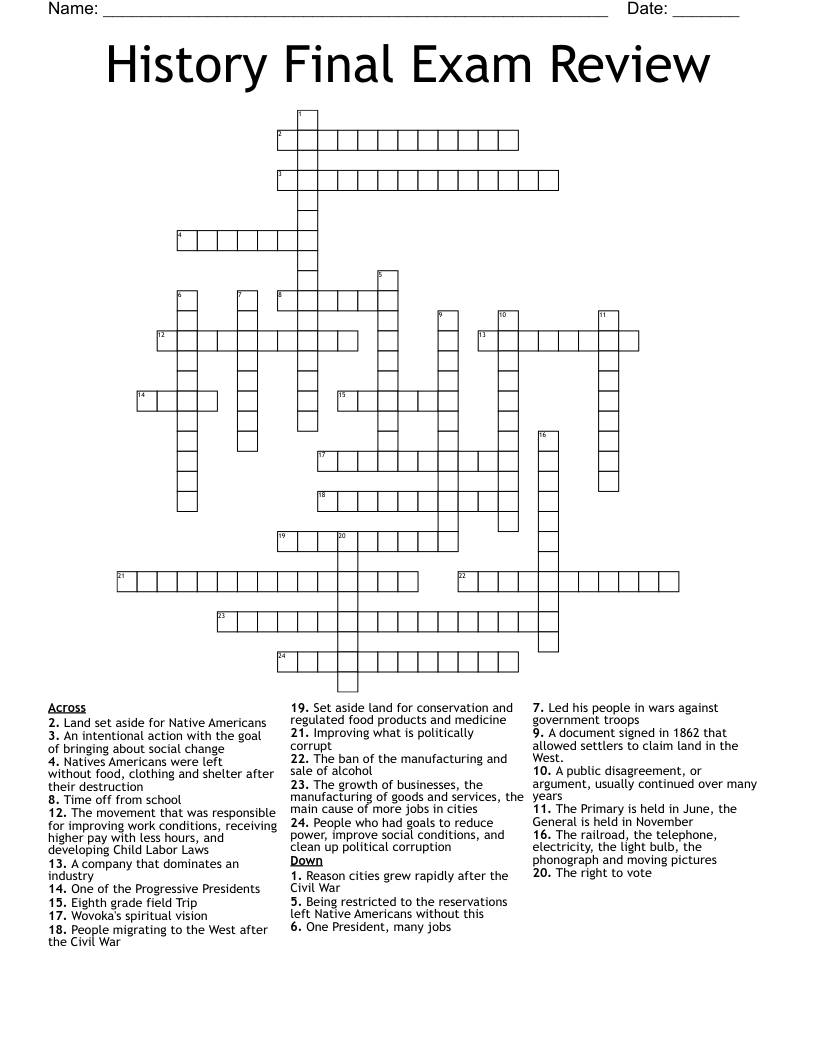History Final Exam Review Crossword