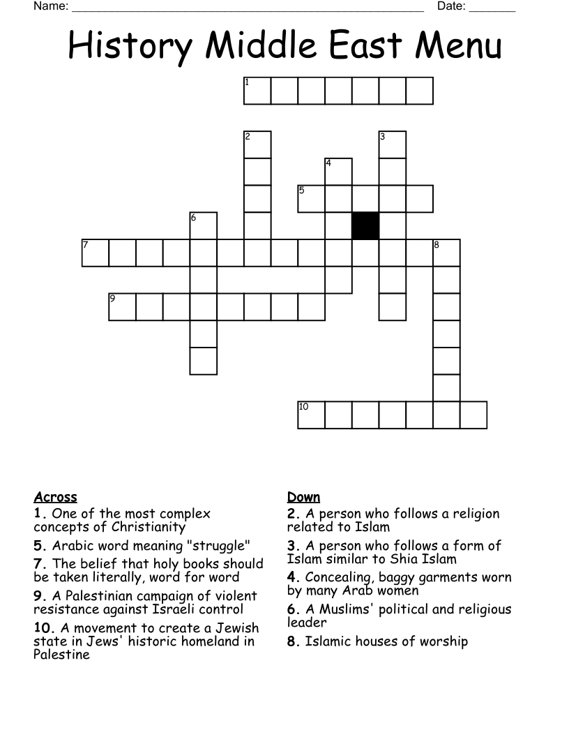 History Middle East Menu Crossword