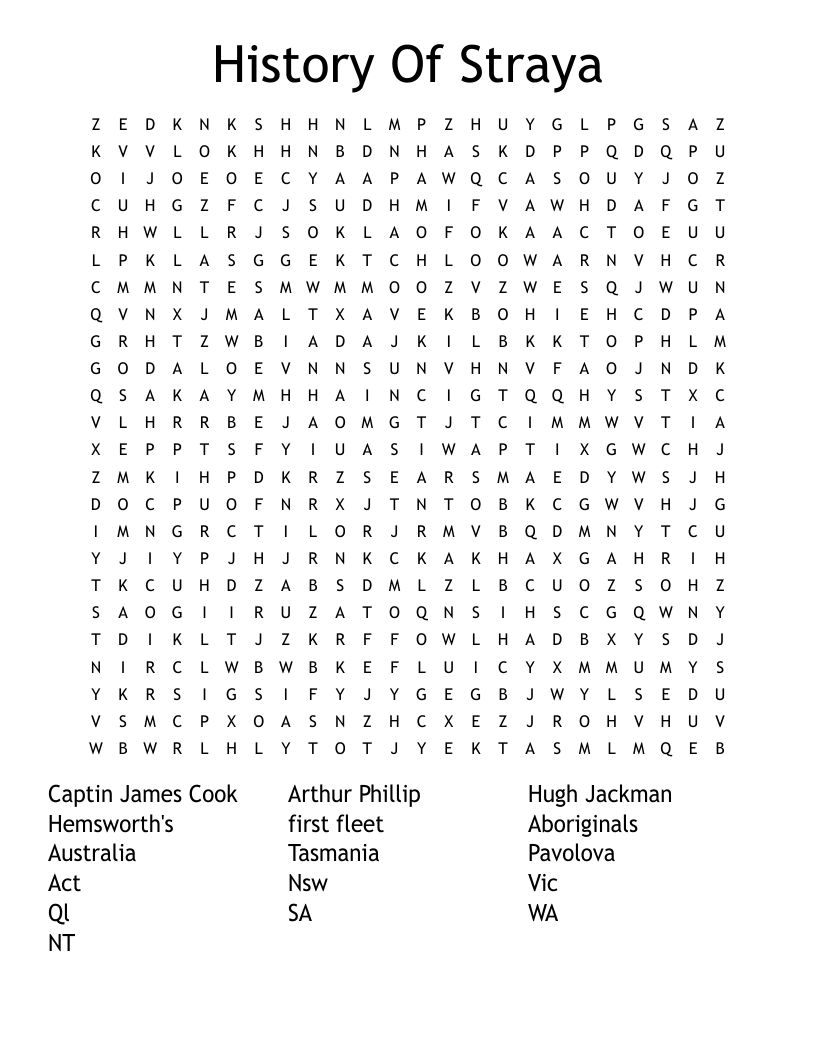 History Of Straya Word Search