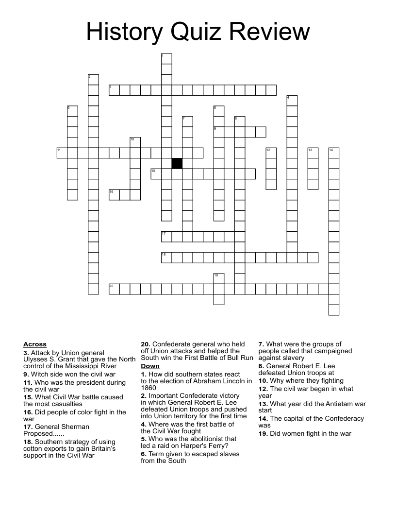 History Quiz Review  Crossword