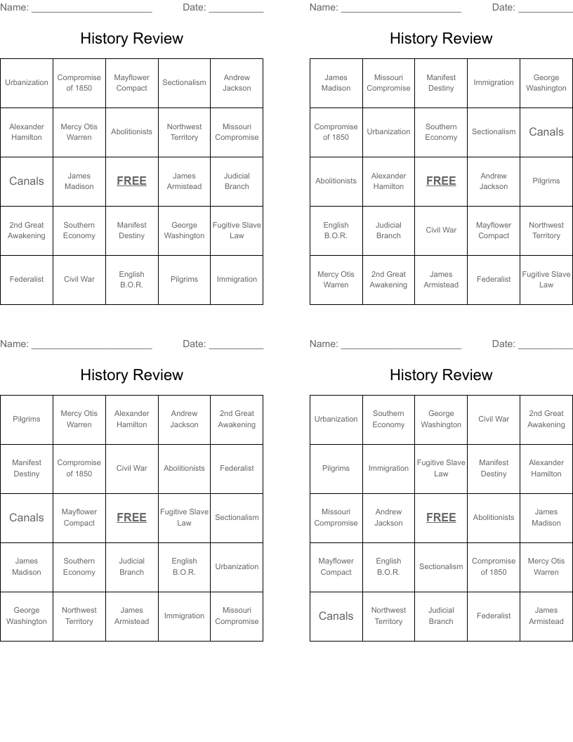 History Review Bingo Cards