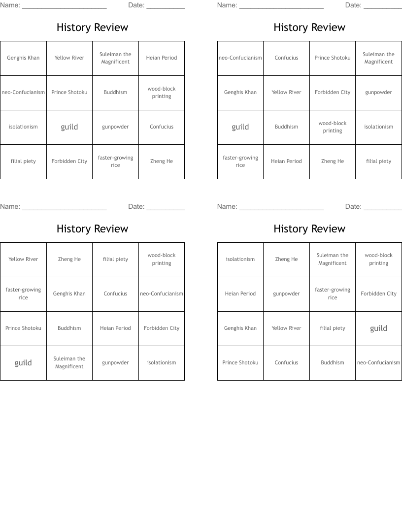 History Review Bingo Cards