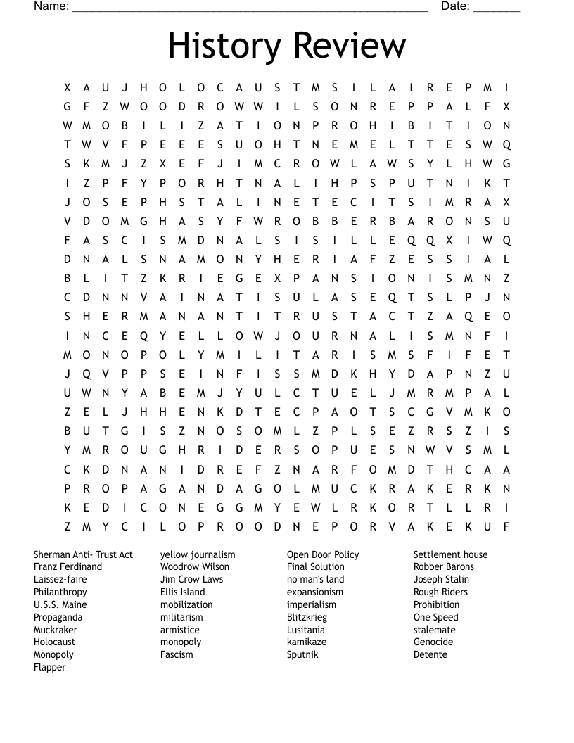 History Review Word Search