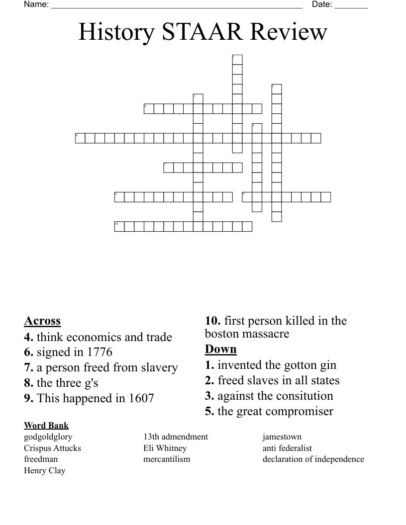 History STAAR Review Crossword