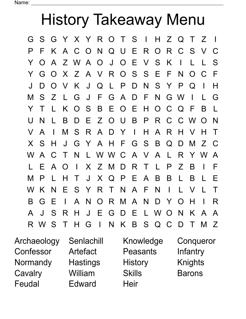 History Takeaway Menu Word Search