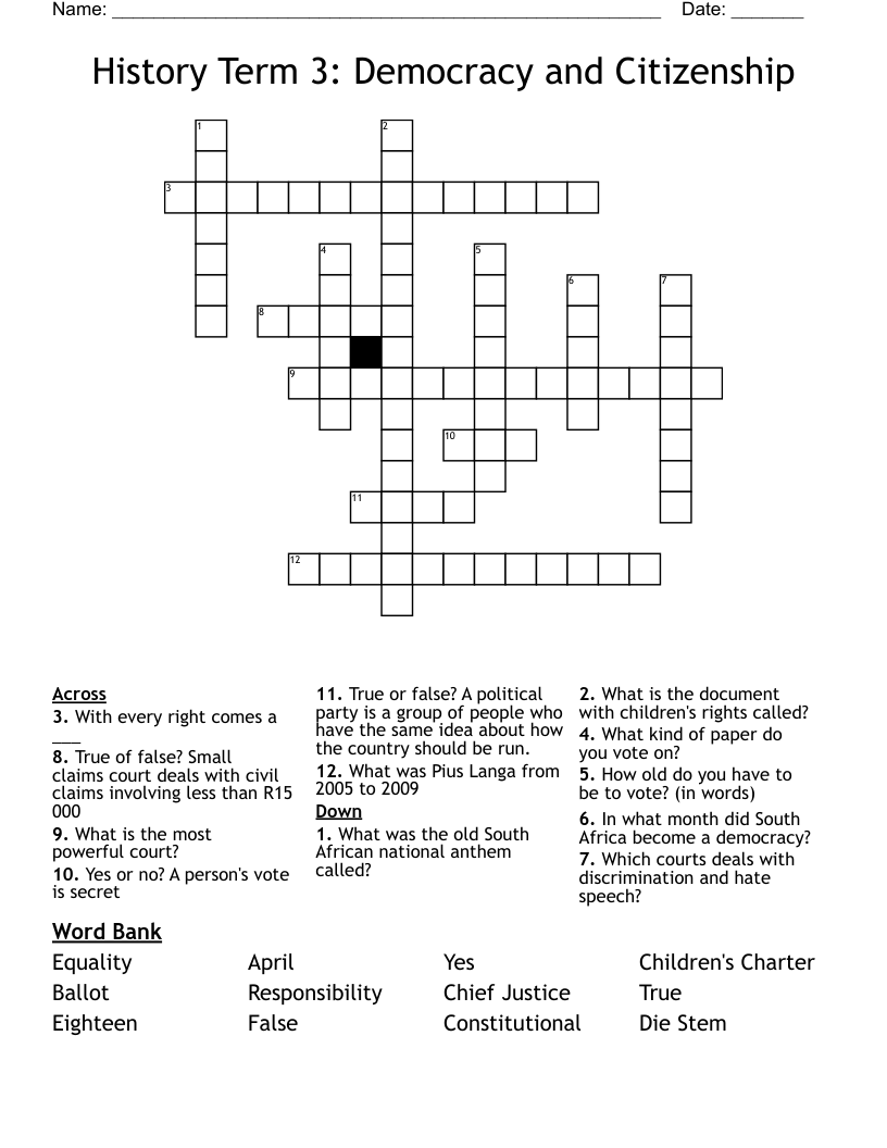 History Term 3: Democracy and Citizenship Crossword