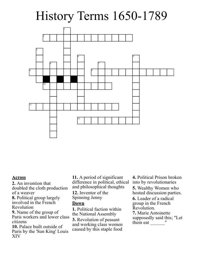 History Terms 1650-1789 Crossword