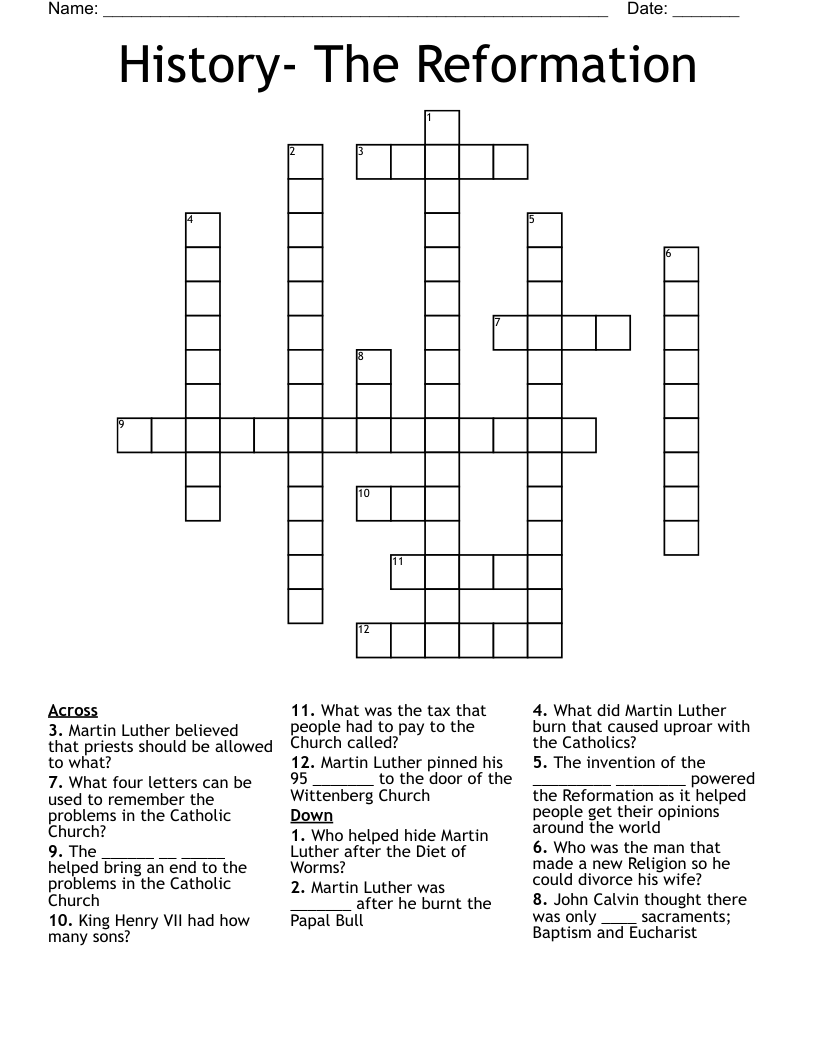 History- The Reformation Crossword