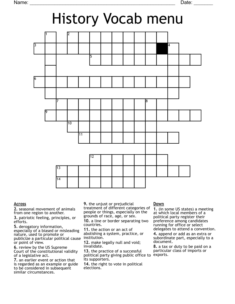 History Vocab menu Crossword