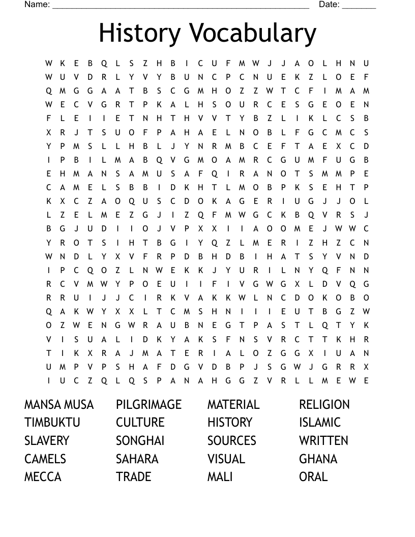 History Vocabulary Word Search