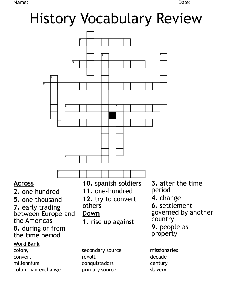 History Vocabulary Review Crossword