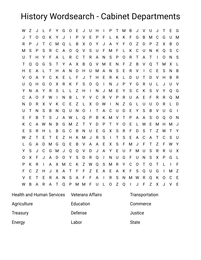 History Wordsearch - Cabinet Departments