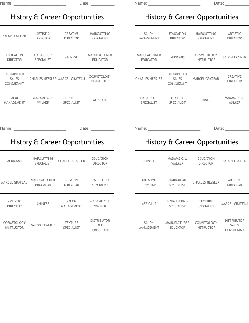 History & Career Opportunities Bingo Cards