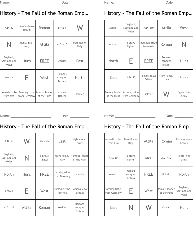 History - The Fall of the Roman Empire Bingo Cards