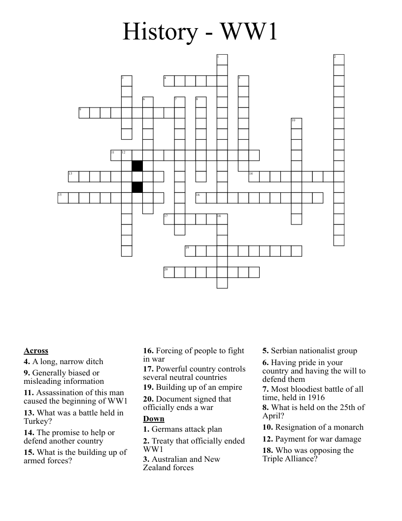 History - WW1 Crossword