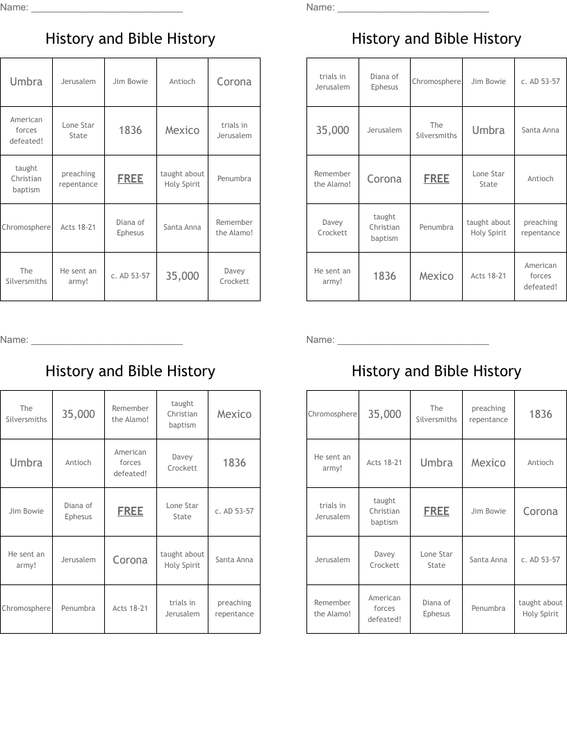 History and Bible History Bingo Cards