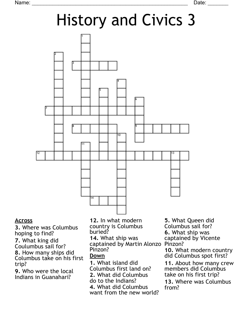 History and Civics 3 Crossword