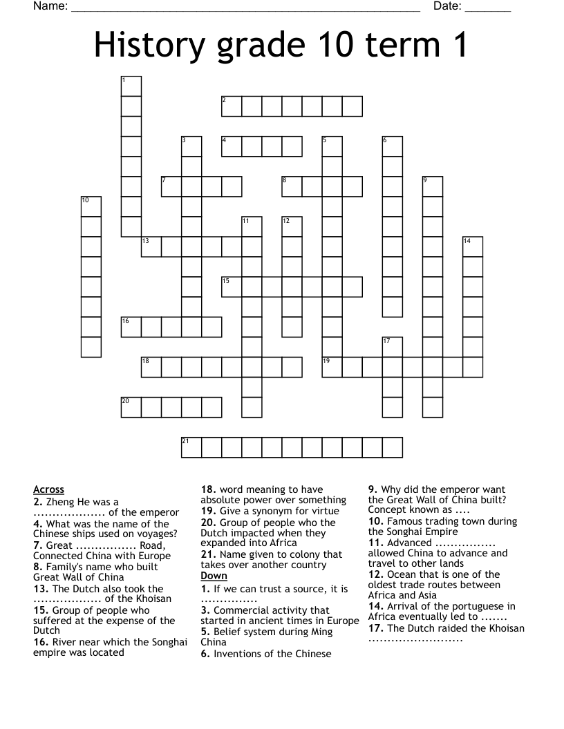 History grade 10 term 1 Crossword