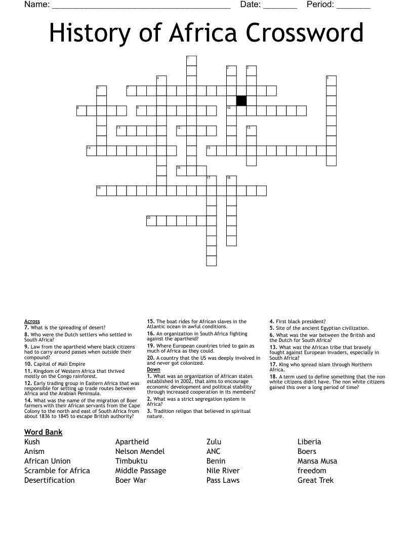 History of Africa Crossword 