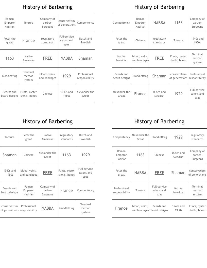 History of Barbering Bingo Cards