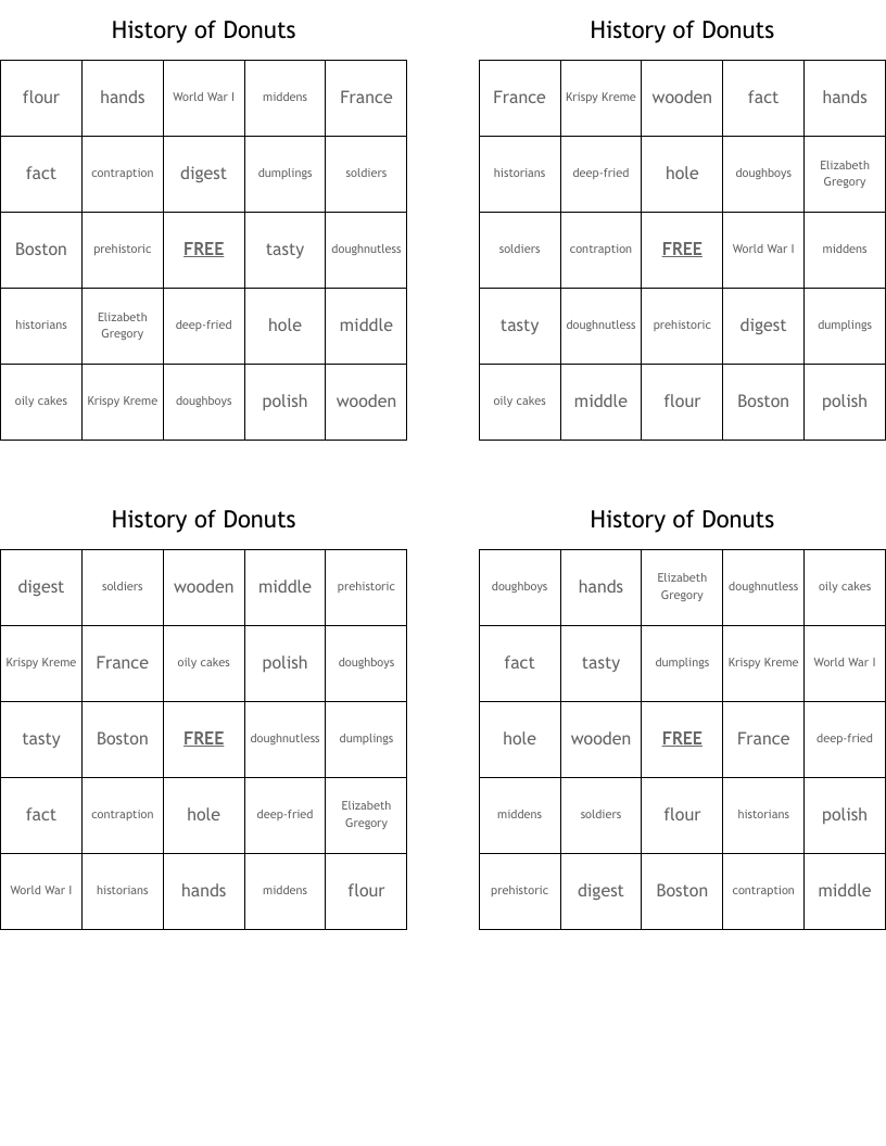 History of Donuts Bingo Cards