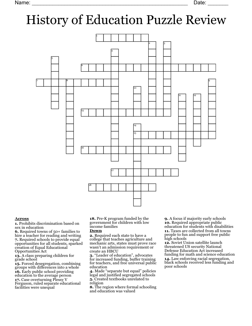 History of Education Puzzle Review Crossword