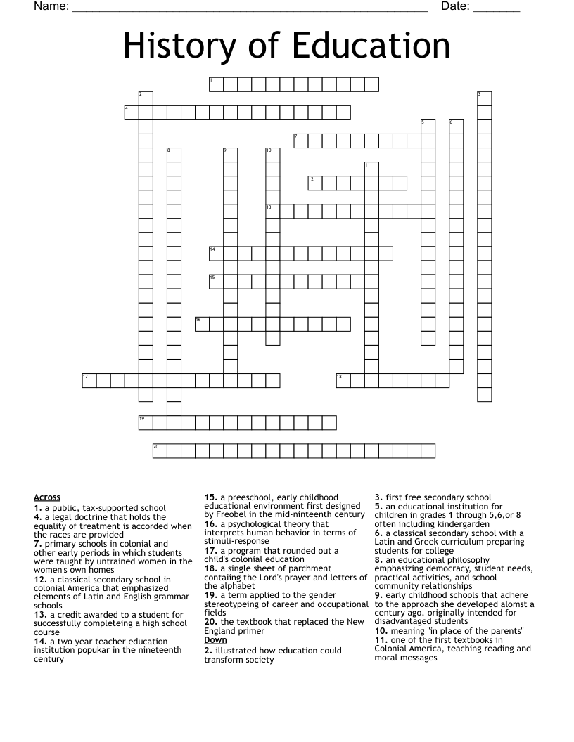 History of Education  Crossword
