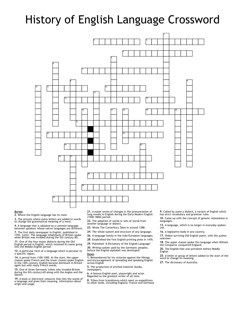 History of English Language Crossword