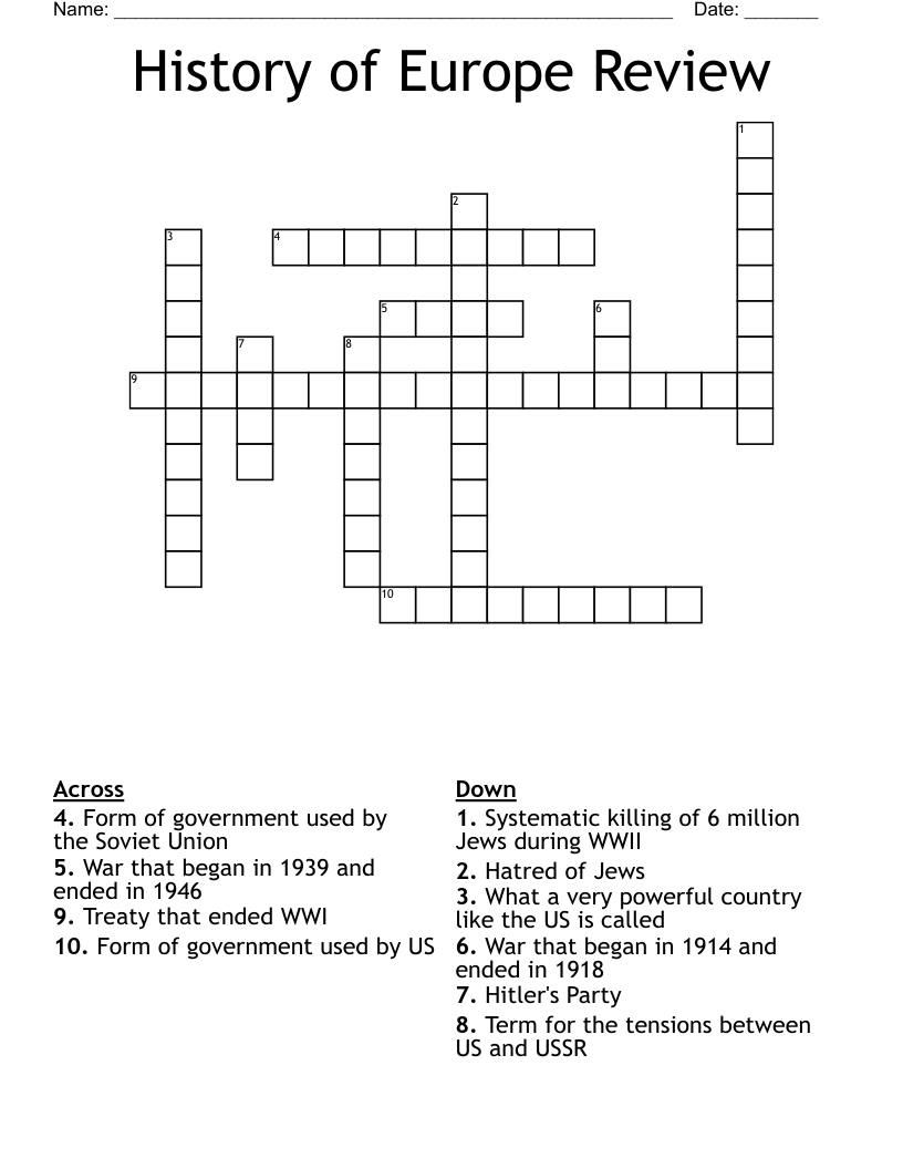 History of Europe Review Crossword