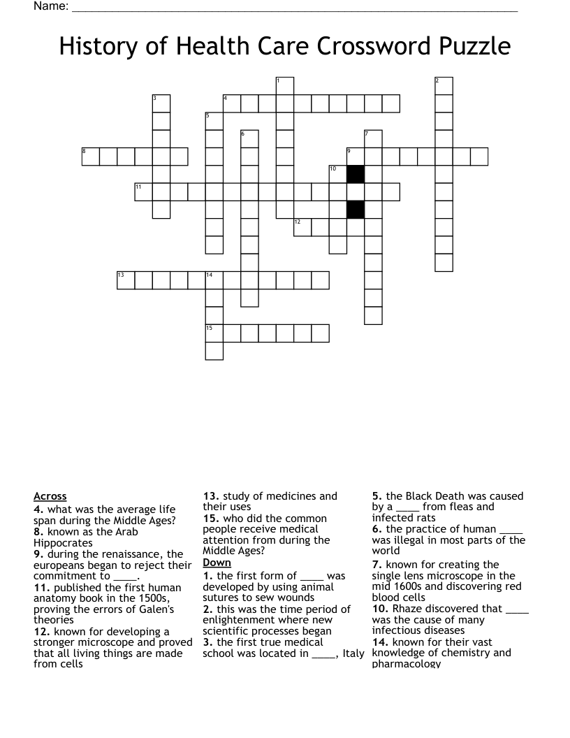 History of Health Care Crossword Puzzle