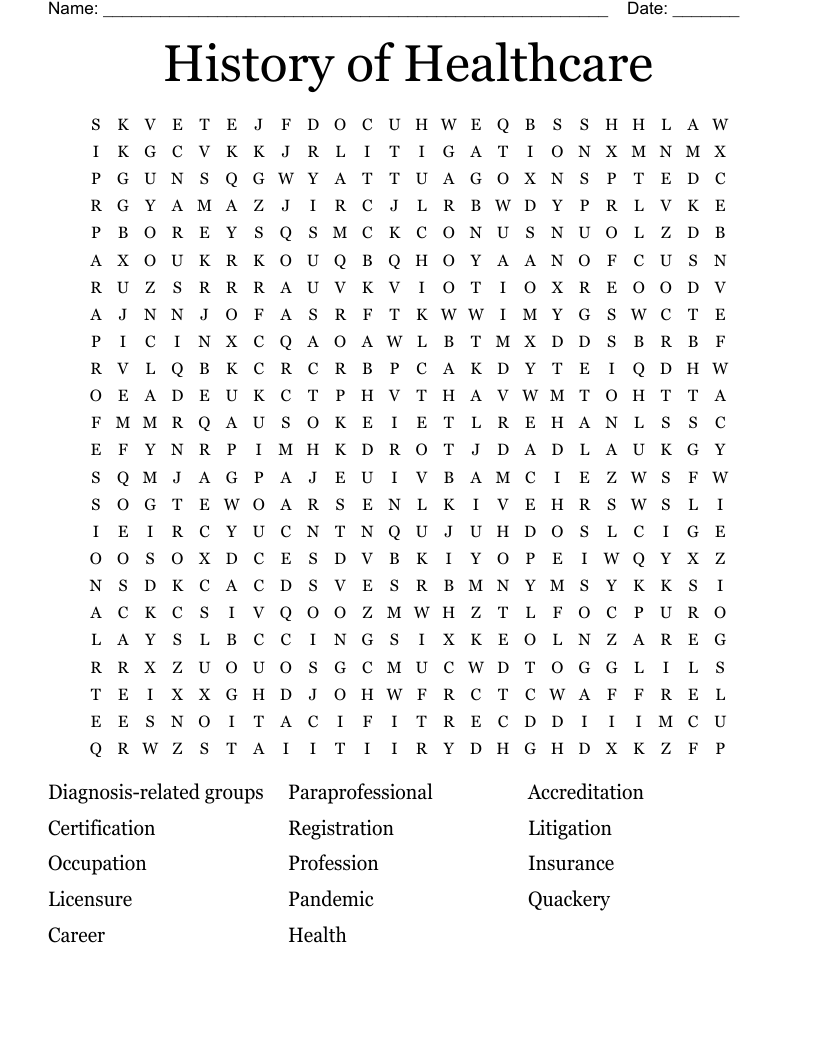 History of Healthcare  Word Search