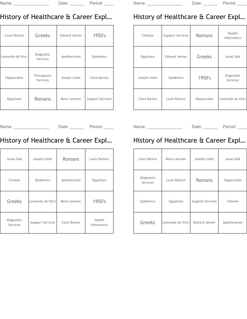 History of Healthcare & Career Exploration Bingo Cards