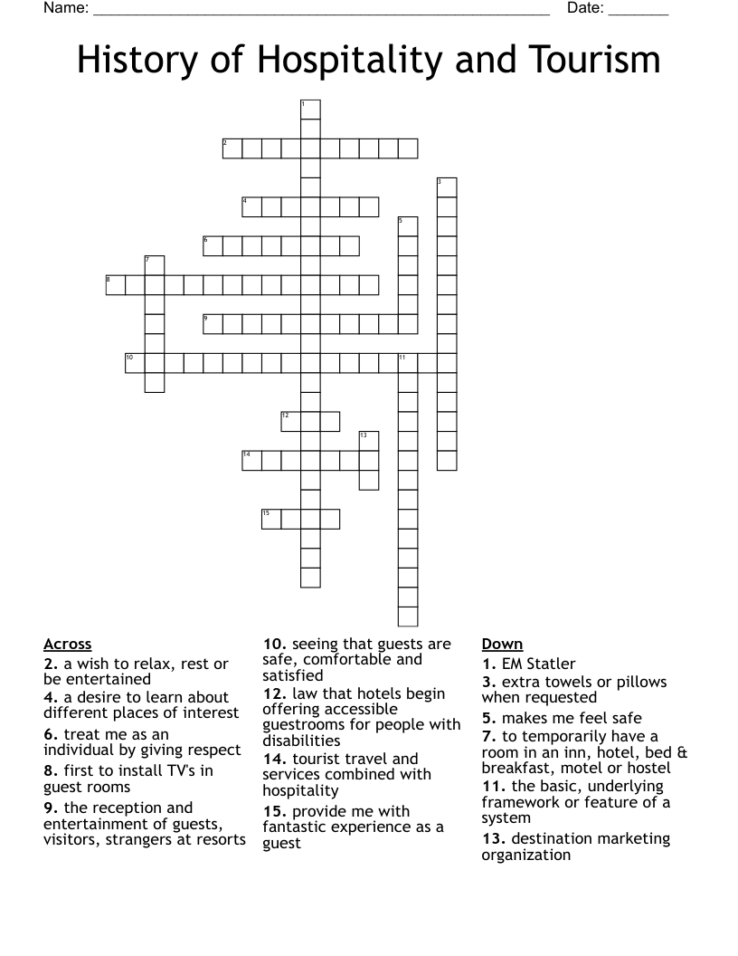 History of Hospitality and Tourism Crossword