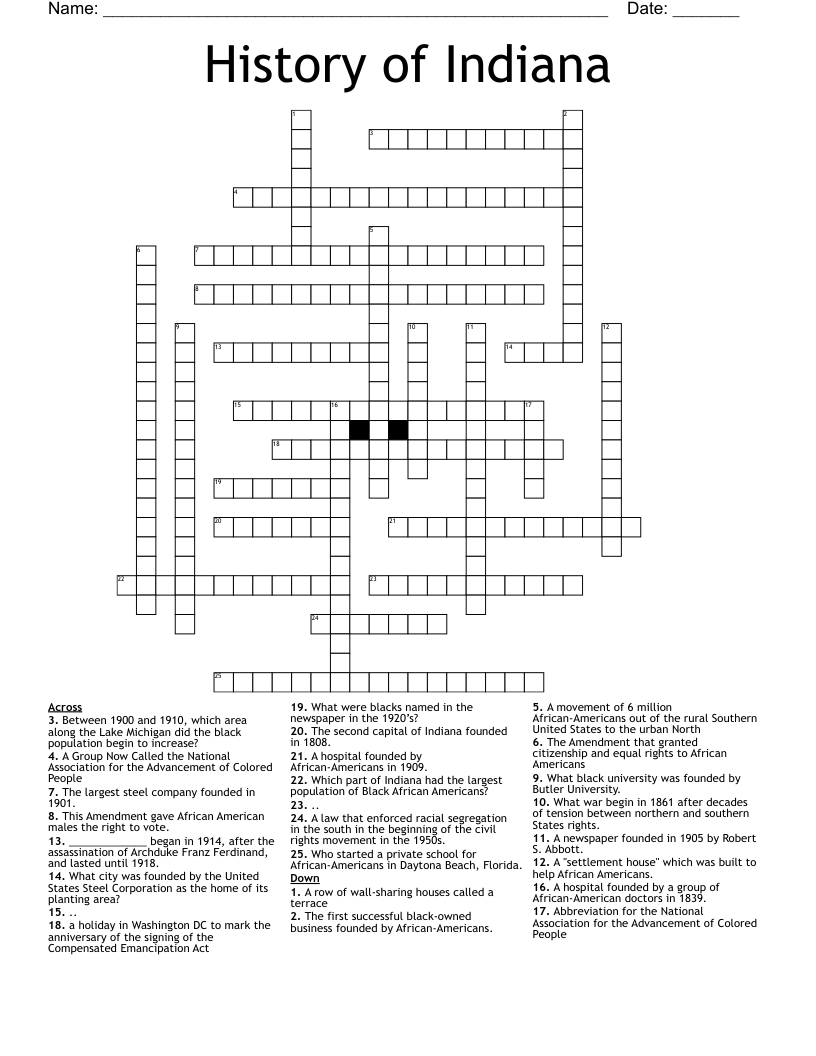 History of Indiana Crossword