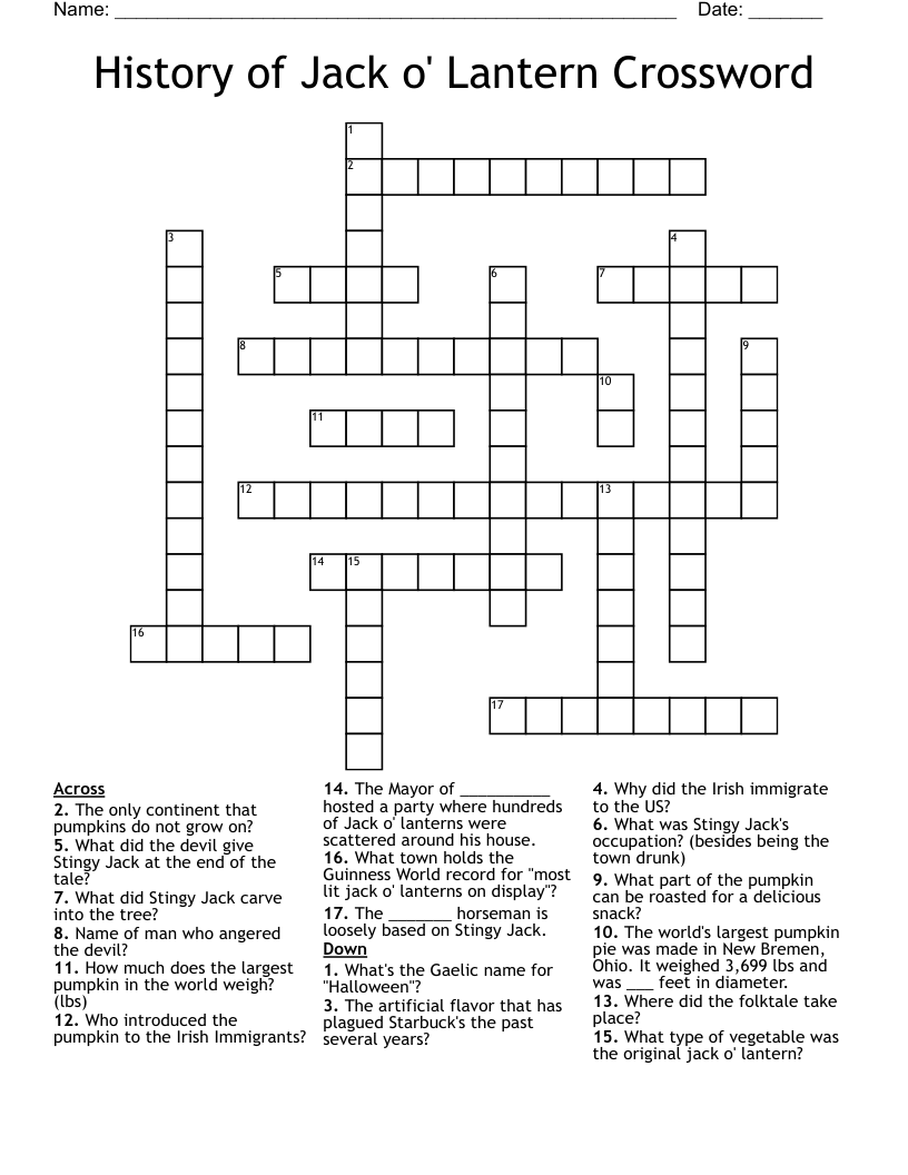 History of Jack o' Lantern Crossword