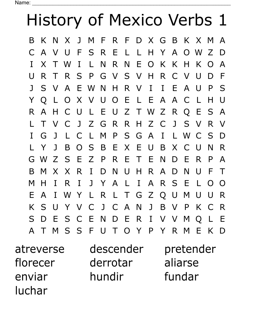 History of Mexico Verbs 1 Word Search