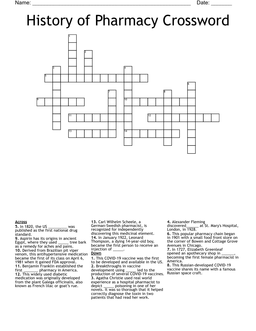 History of Pharmacy Crossword