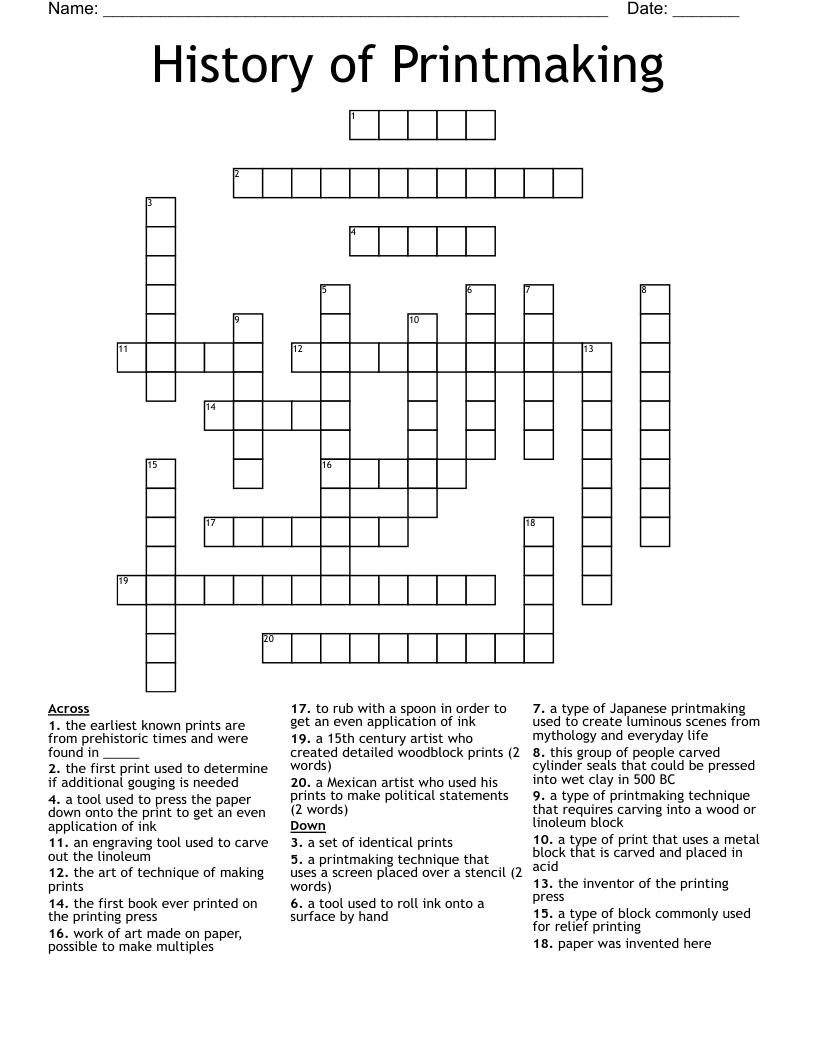 History of Printmaking Crossword