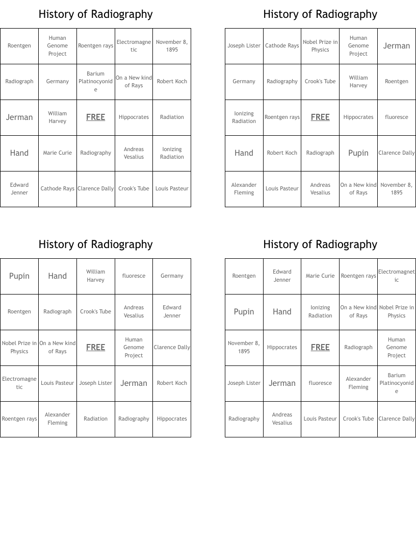 History of Radiography Bingo Cards